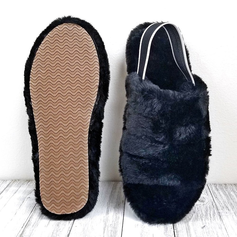 New Black Fuzz Furry Slingback Slipper Sandals - Picture 5 of 6